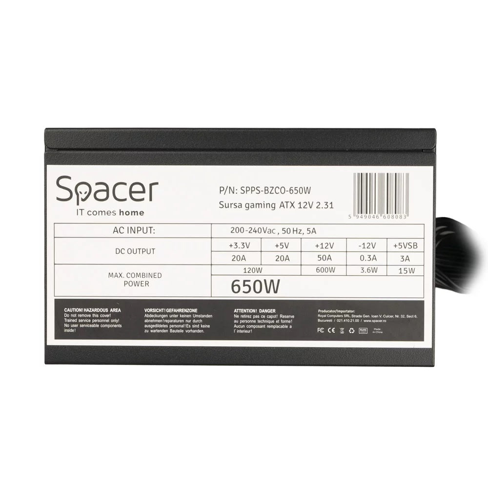 Sursa Spacer ATX BZCO-650 80+ Bronze compatible, 650w, fan 120mm, 2x PCI-E (6+2), 6x S-ATA, 2x P8 (4+4), „SPPS-BZCO-650”