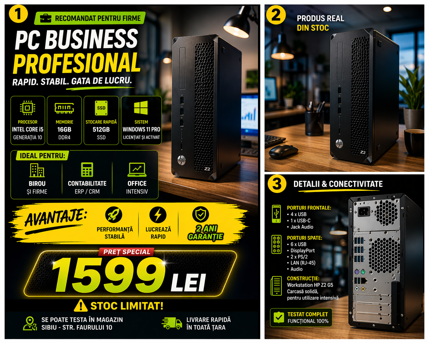 PC i5 Gen 10 16GB RAM SSD 512GB Windows 11 Pro – HP Z2 G5 Workstation pentru firme