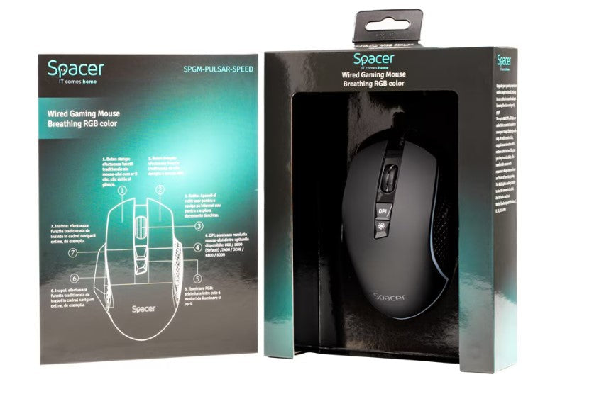 Mouse Pulsar Speed,Spacer, gaming, cu fir, USB, optic, rezolutie ajustabila 8.000 DPI, butoane/scroll 7/1, iluminare RGB, negru
