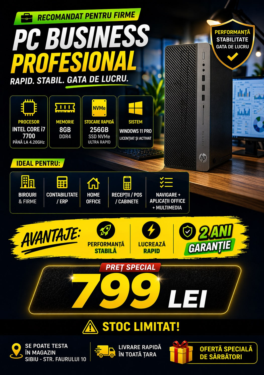 PC i7 7700 8GB RAM SSD NVMe 256GB Windows 11 Pro – HP EliteDesk 800 G3 pentru birou
