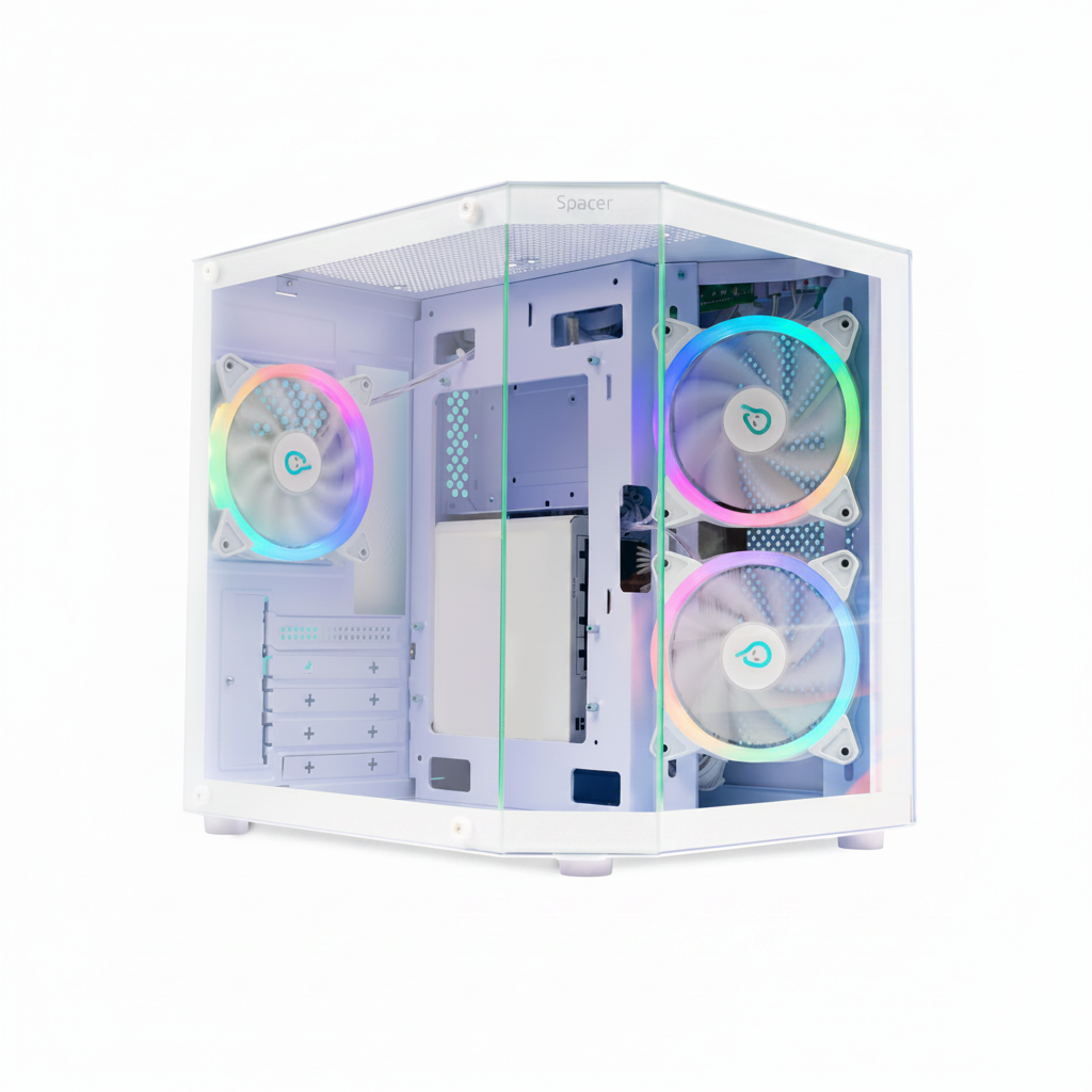 Carcasă Gaming RGB White Edition – Design Aquarium, 3 Ventilatoare ARGB, USB-C
