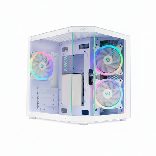 Carcasă Gaming RGB White Edition – Design Aquarium, 3 Ventilatoare ARGB, USB-C
