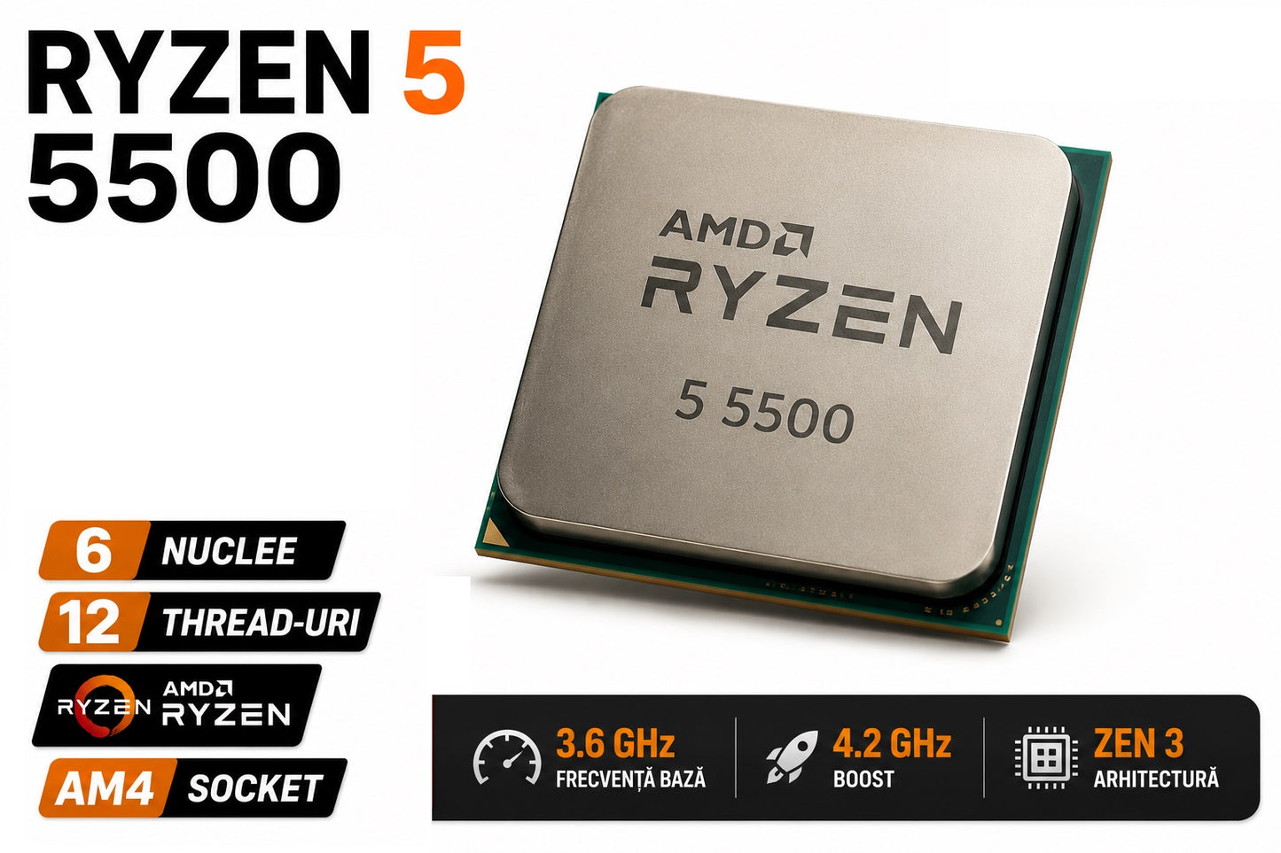 Procesor AMD Ryzen 5 5500 AM4 6 Core 12 Thread 4.2GHz Boost TRAY Fără Cooler