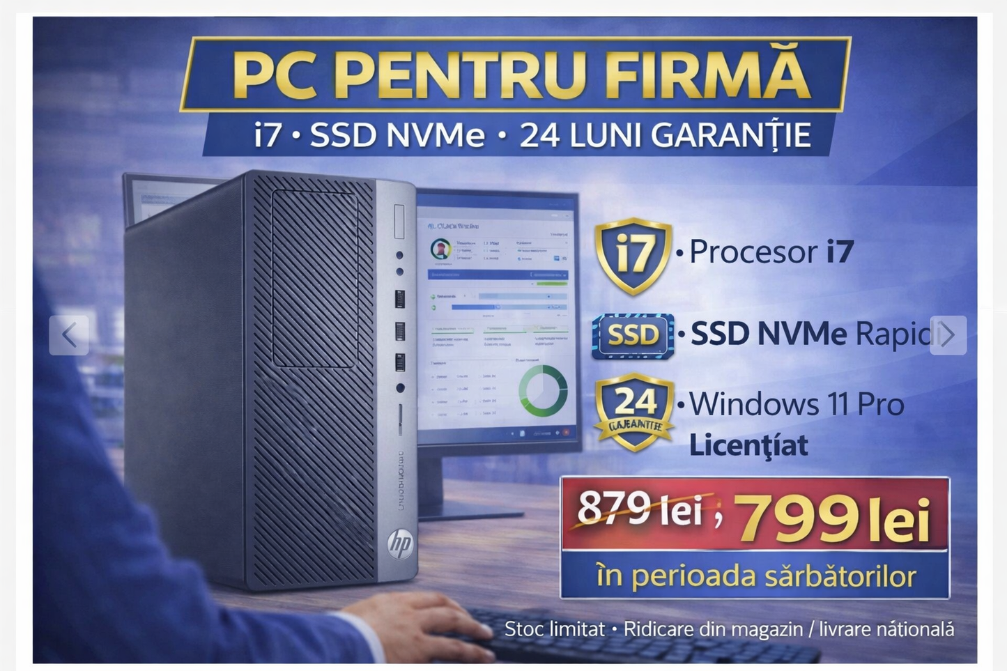 Sistem HP ELITEDESK 800 G3 TOWER, Intel I7 7700, 8 GB DDR4, SSD 256 GB NVME, DVD/RW